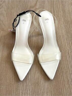 ZARA White Pointed Toe Clear-Strap Slingback Heels